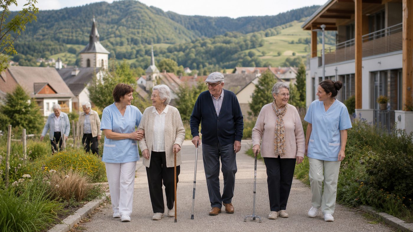 Résidents et équipe dans un cadre communal du Haut-Jura